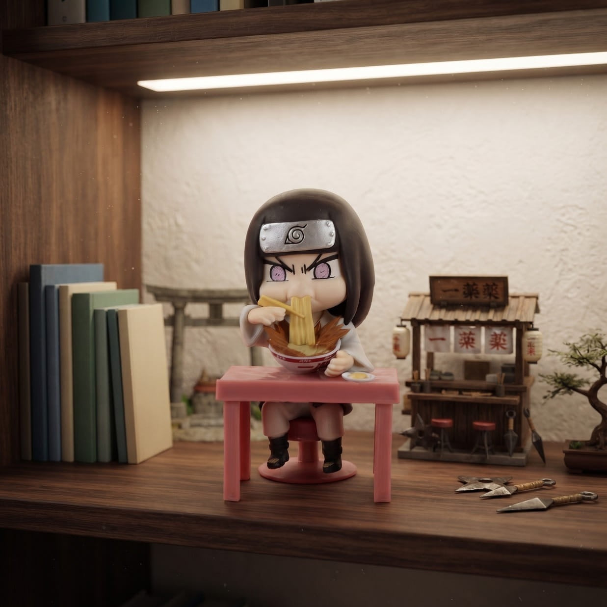 Figurine chibi Hinata Hyūga exposée sur une étagère (décor non inclus)