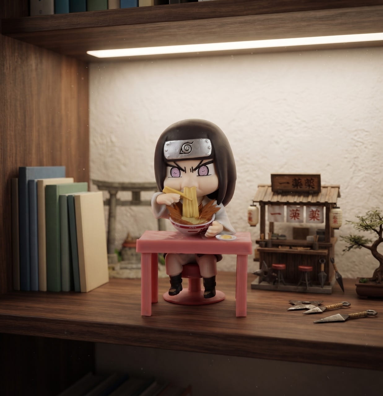 Figurine chibi Hinata Hyūga exposée sur une étagère (décor non inclus)