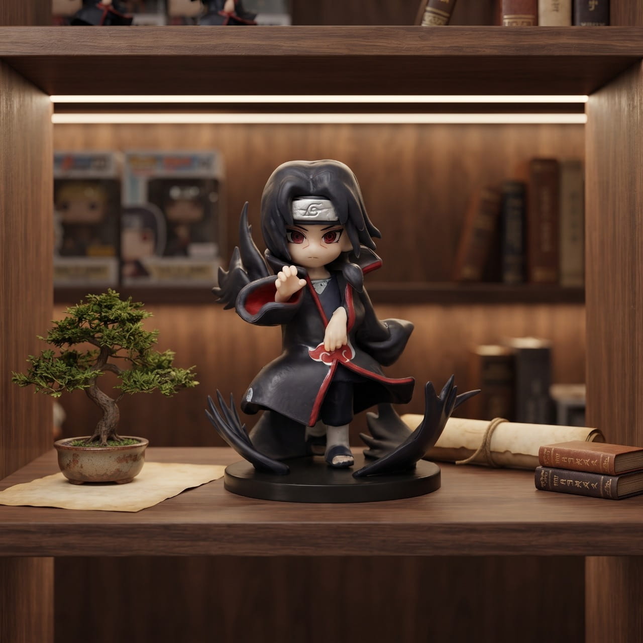 Figurine chibi Itachi Uchiha et ses corbeaux, exposée sur une étagère (décor non inclus)