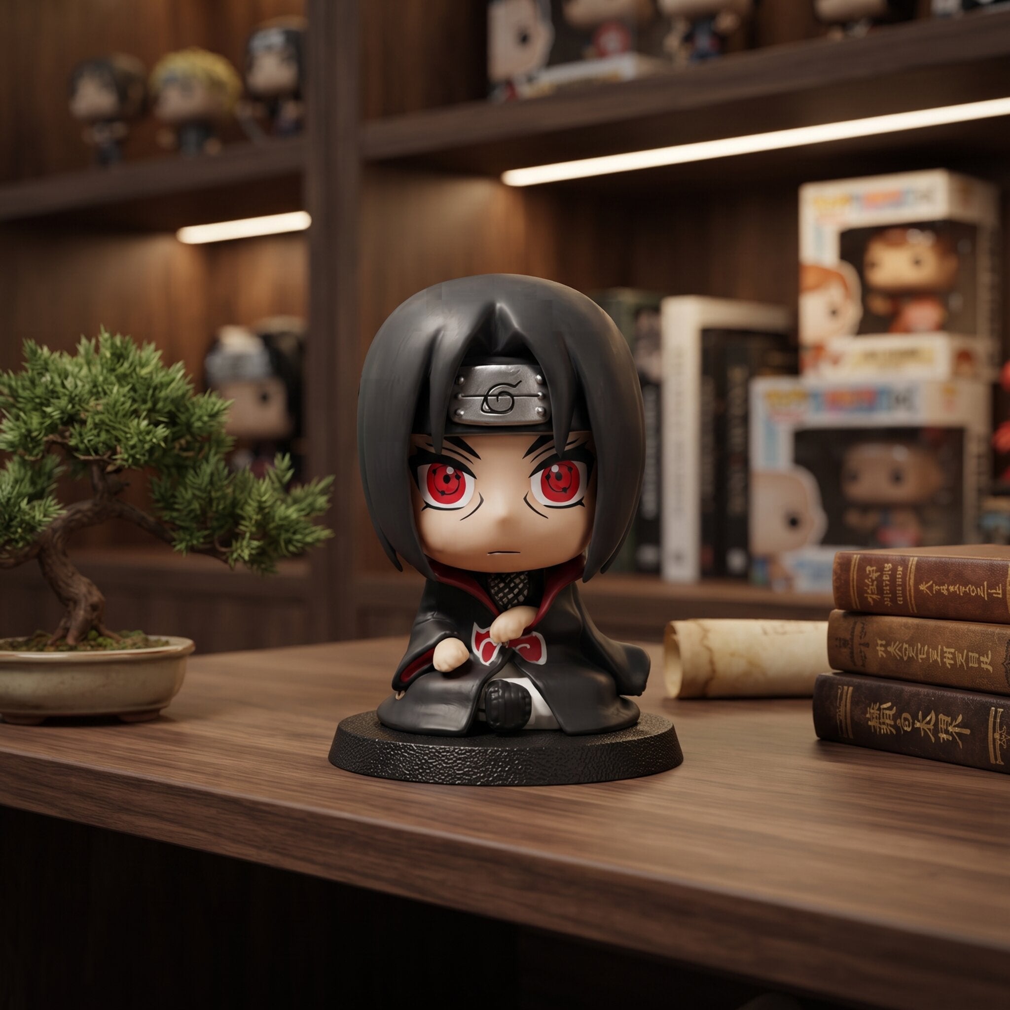 Figurine chibi Itachi Uchiha assis, exposée sur une étagère (décor non inclus)