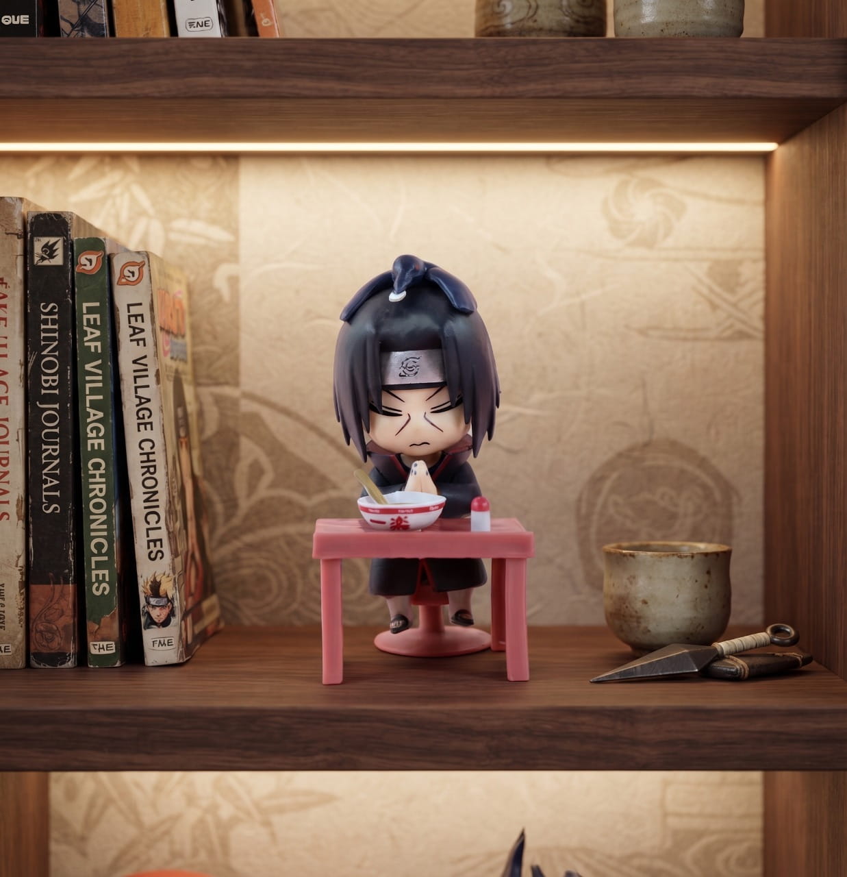 Figurine chibi Itachi Uchiha exposée sur une étagère (décor non inclus)