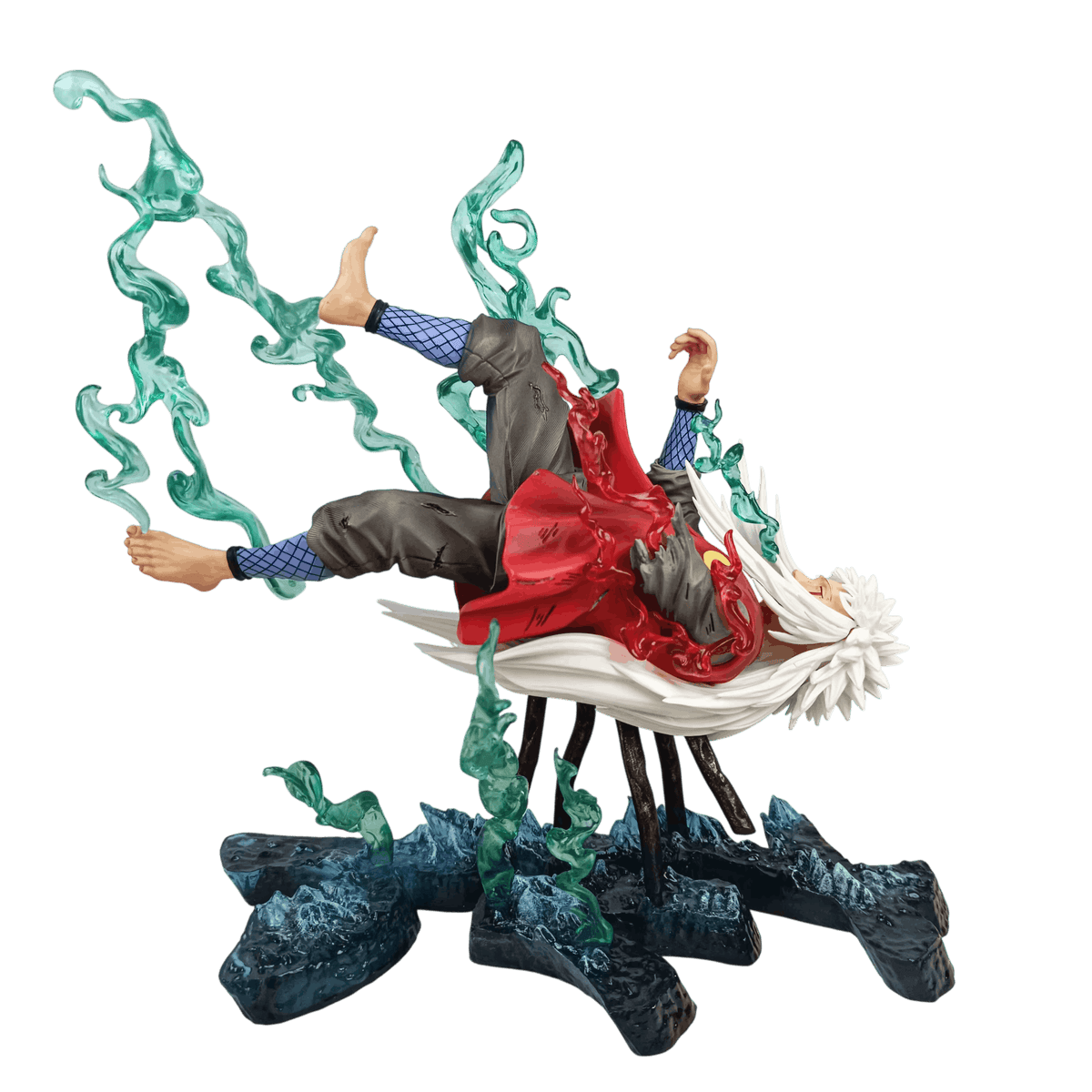 Figurine Jiraiya (Naruto), crinière blanche très longue, mèches séparées jusqu'au bas — détourée, vue sans décor.