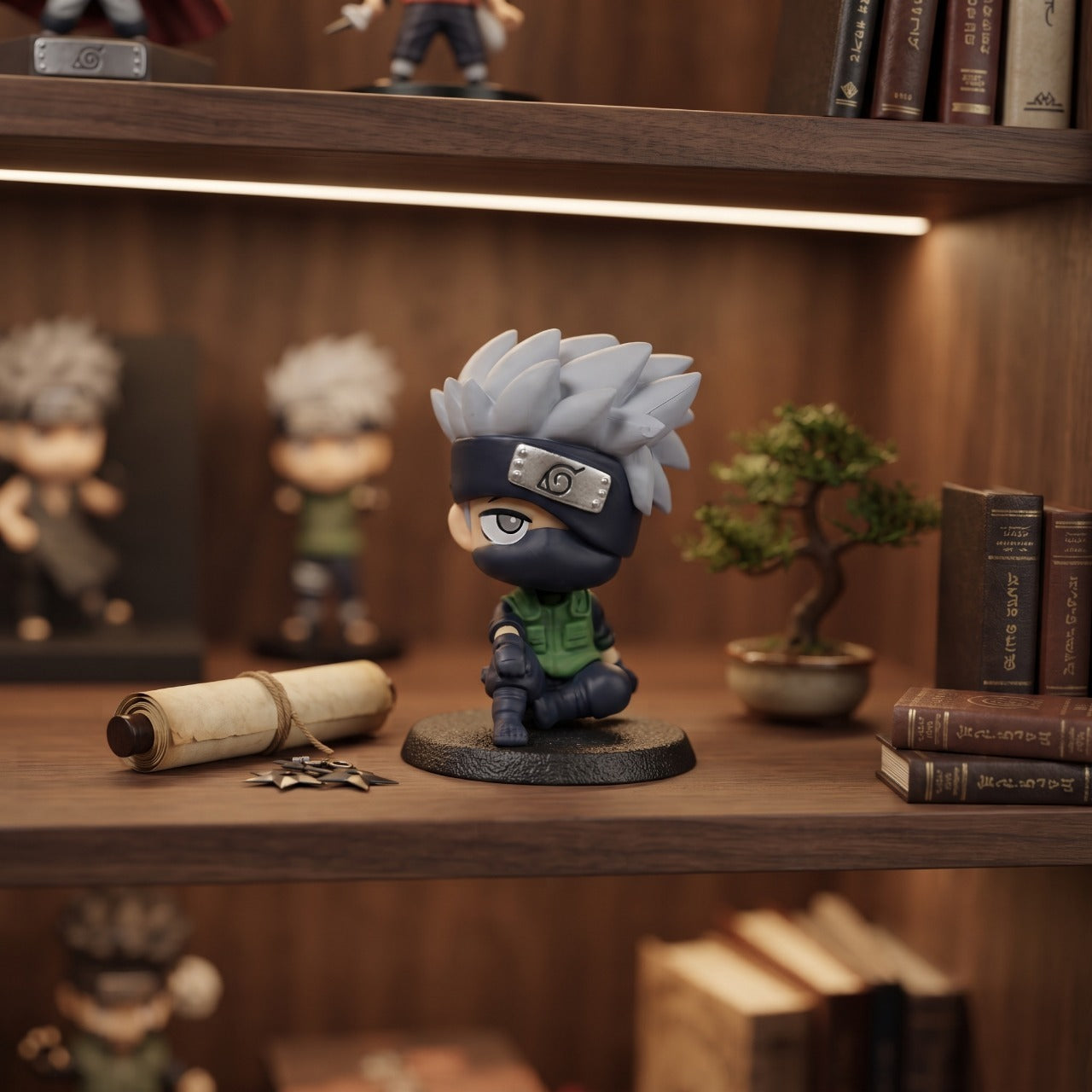 Figurine chibi Kakashi Hatake assis, exposée sur une étagère (décor non inclus)