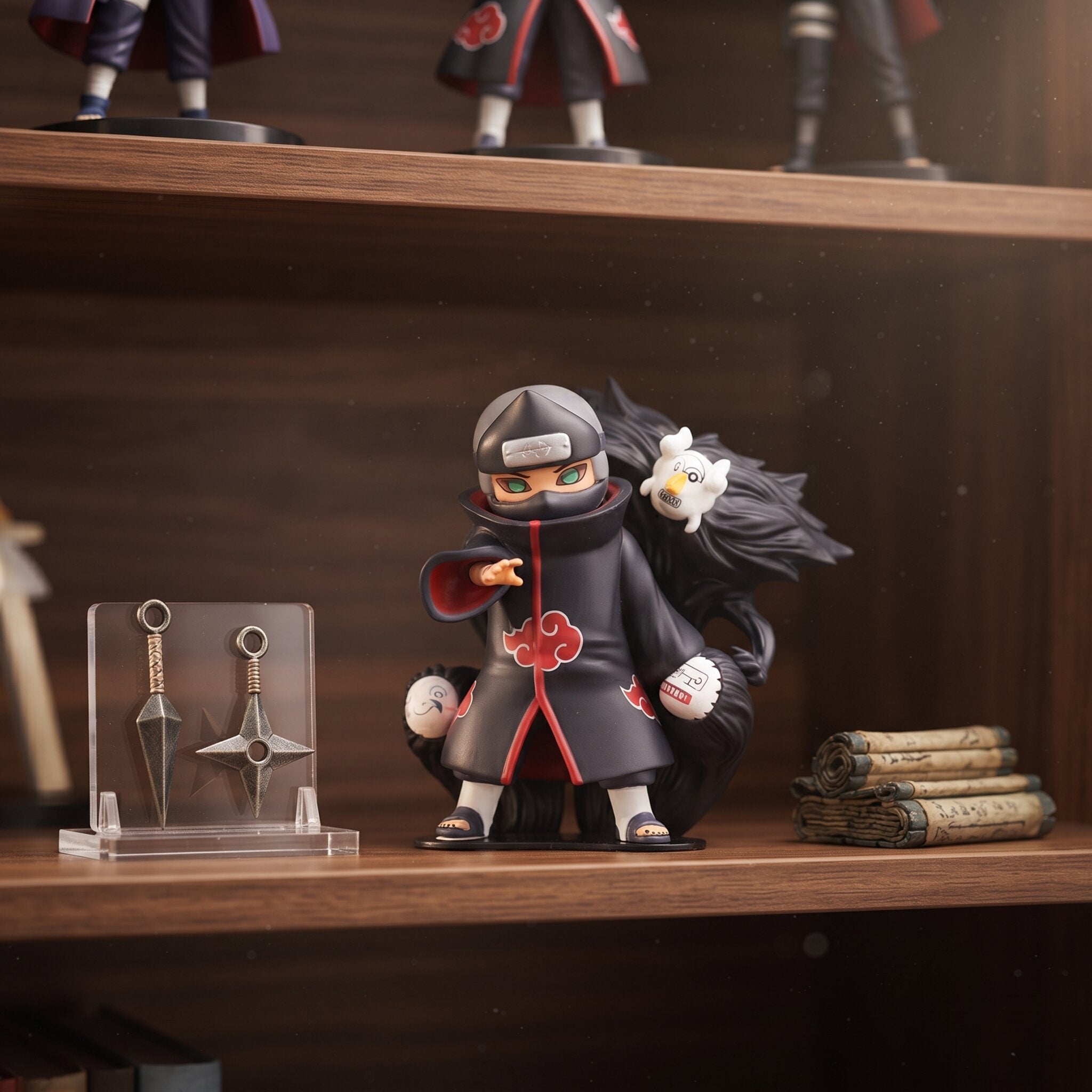 Figurine chibi Kakuzu, fils noirs déployés dans le dos, posée sur une étagère en bois près d'un présentoir à kunai et de rouleaux — Naruto (décor non inclus)