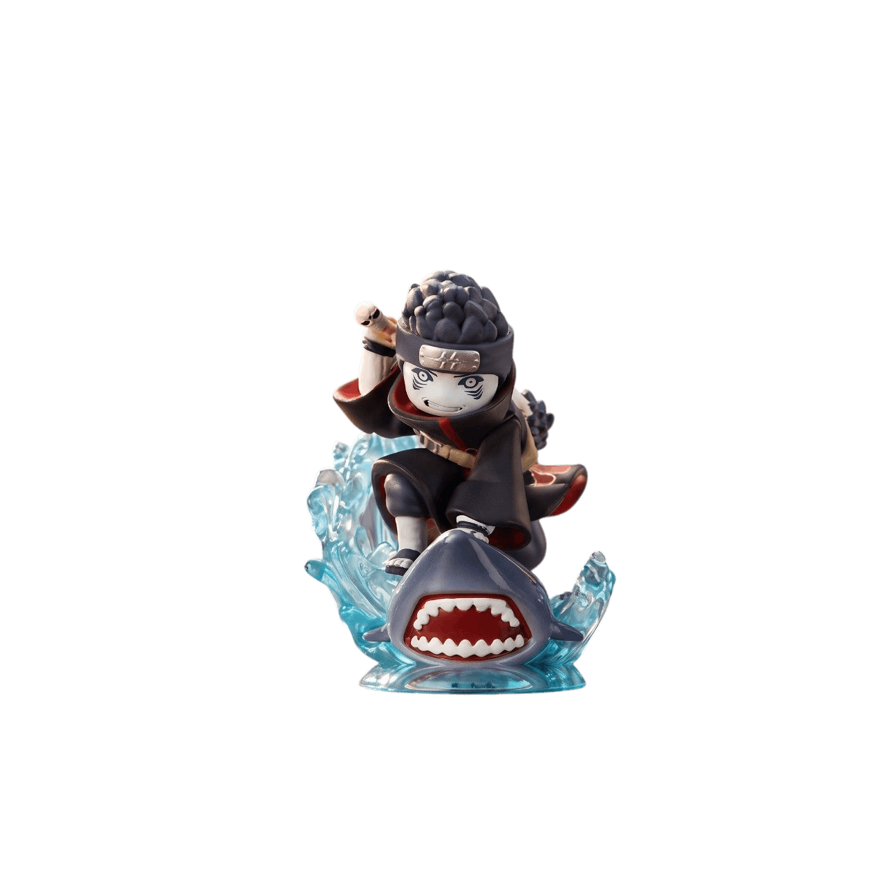 Figurine chibi Kisame vue de face : peau bleu-gris, branchies, Samehada sur l'épaule, requin d'eau translucide sous ses pieds — Naruto, PVC peint