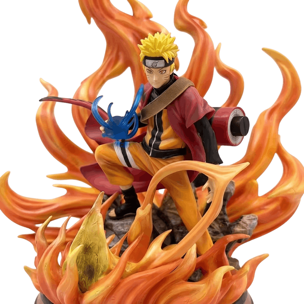 Gros plan sur Naruto Mode Ermite : marques Sennin, manteau rouge et Rasenshuriken translucide