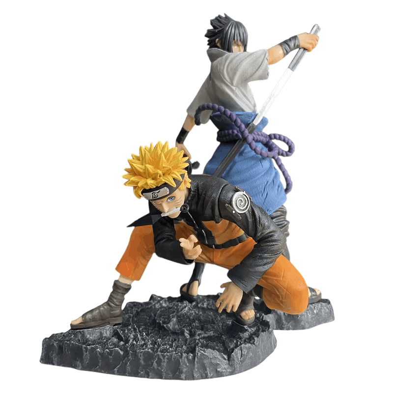 Naruto and Sasuke figure 28 cm from the front: Naruto with one hand flat on the rock, Sasuke in a white shirt and blue cloth panel held by a purple rope