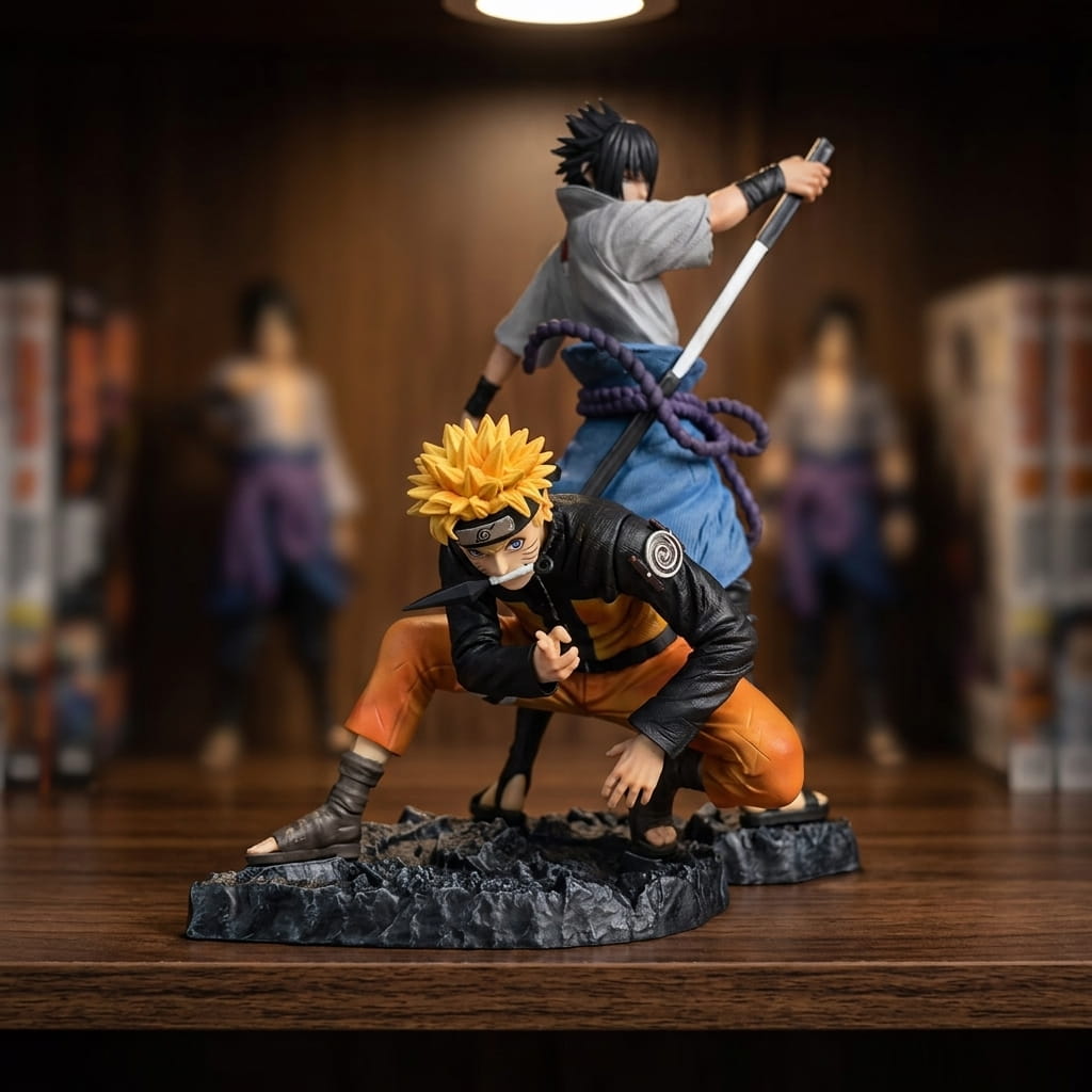 Naruto figure 28 cm: Naruto in an orange jumpsuit crouched on the ground and Sasuke drawing his sword above him, on a grey rocky base, on a shelf (decor not included)