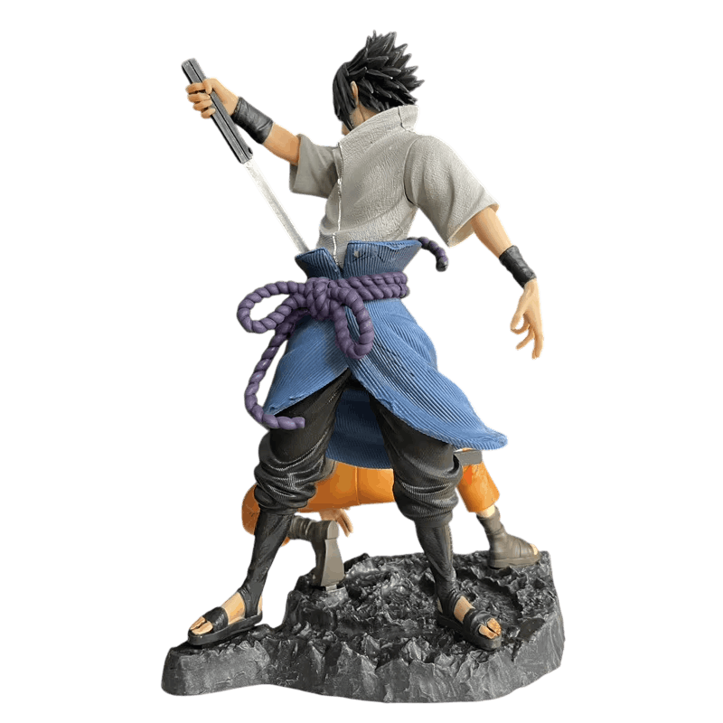 Naruto and Sasuke figure 28 cm rear three-quarter view: straight sword raised over Sasuke's shoulder and rocky base cut in shards