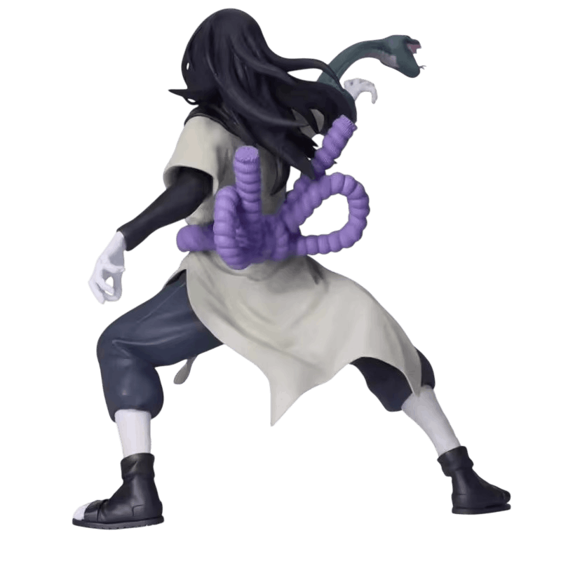 Figurine Orochimaru Naruto de dos : gros nœud de corde violette, longs cheveux noirs et sandales de ninja