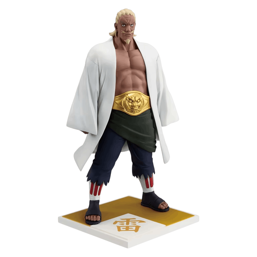 Figurine Naruto du Quatrième Raikage 20 cm de face : cheveux blonds tirés en arrière, drapé vert foncé, pantalon bleu nuit effiloché et bandes blanches barrées de rouge