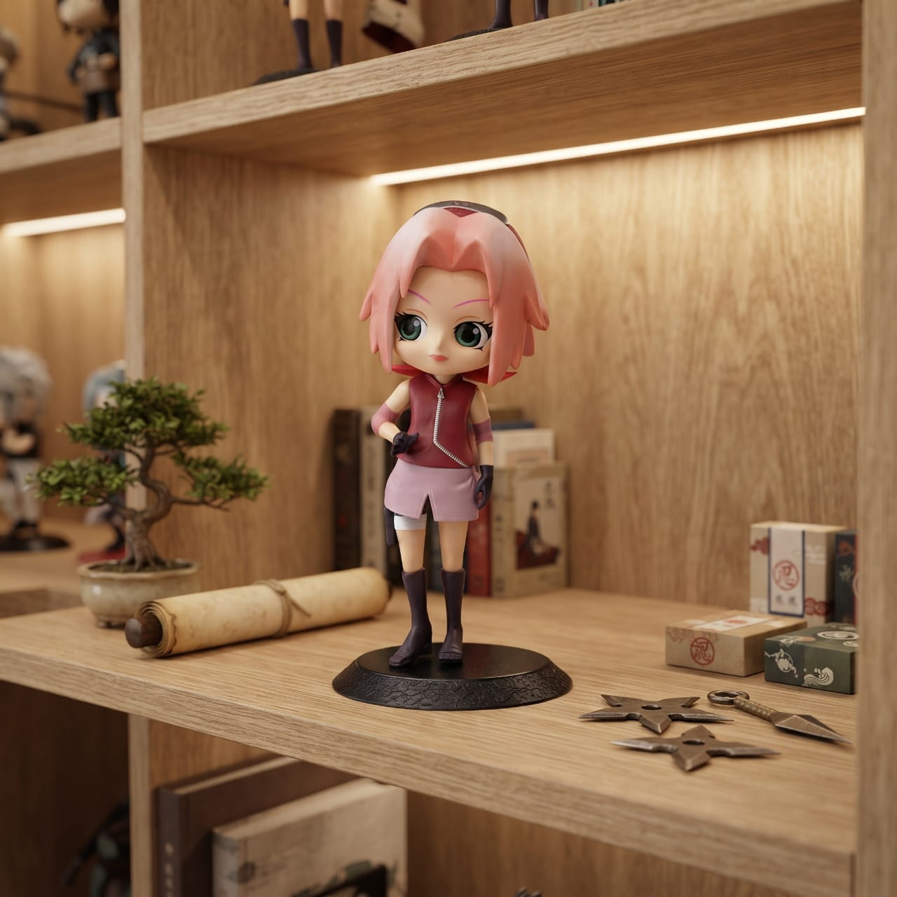Figurine Sakura Haruno en tenue rouge, exposée sur une étagère (décor non inclus)