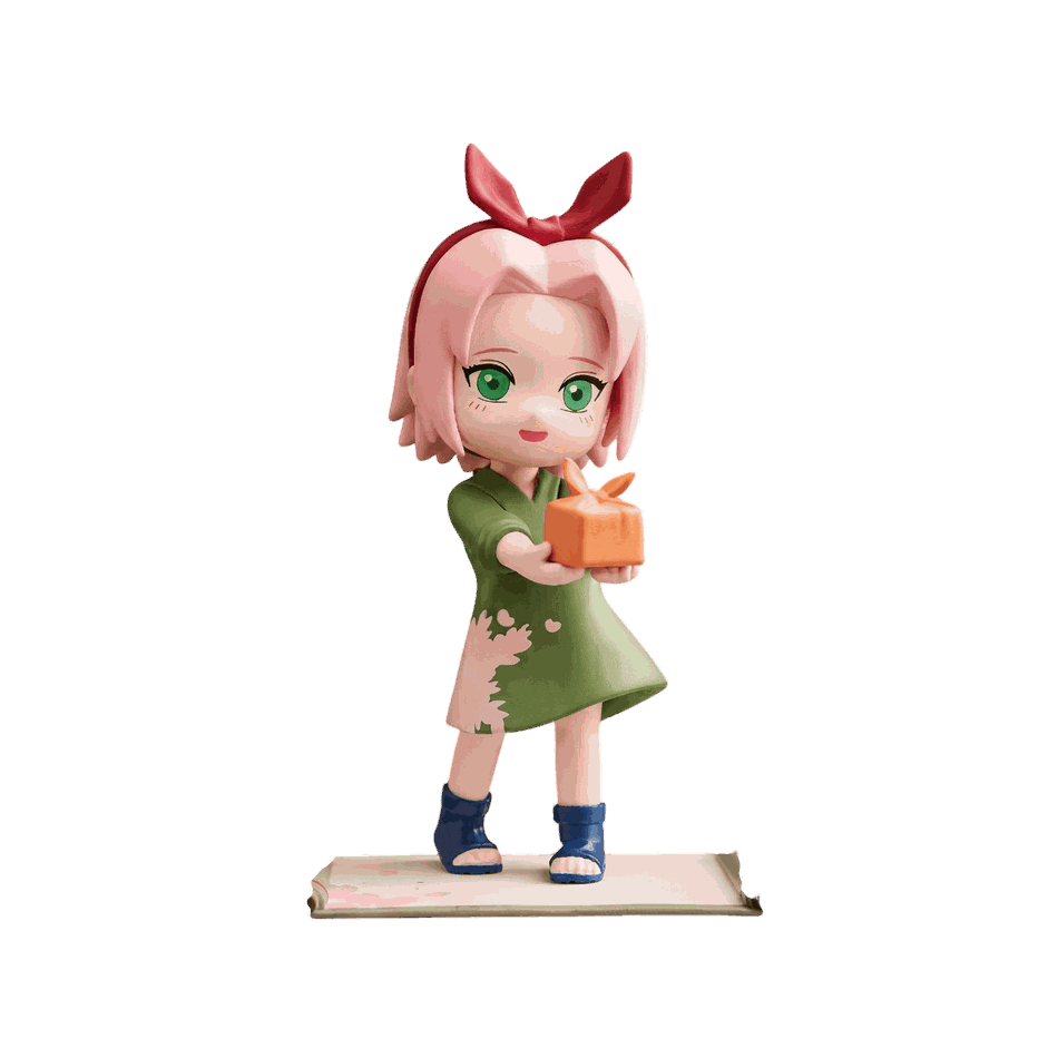 Figurine chibi Sakura Haruno vue de face — ruban rouge dans les cheveux roses — Naruto, PVC peint