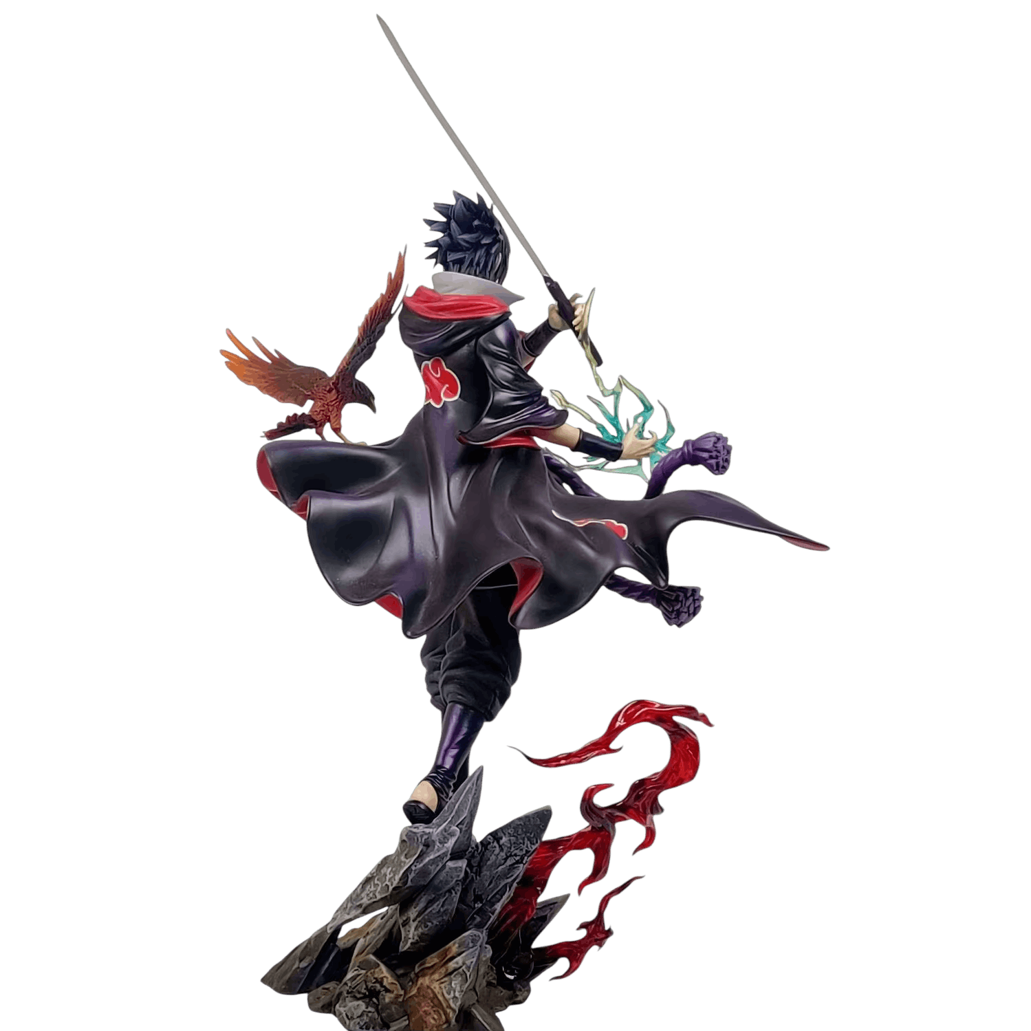 Figurine Sasuke Uchiha Akatsuki 24 cm vue de dos, katana levé et flammes rouges au socle