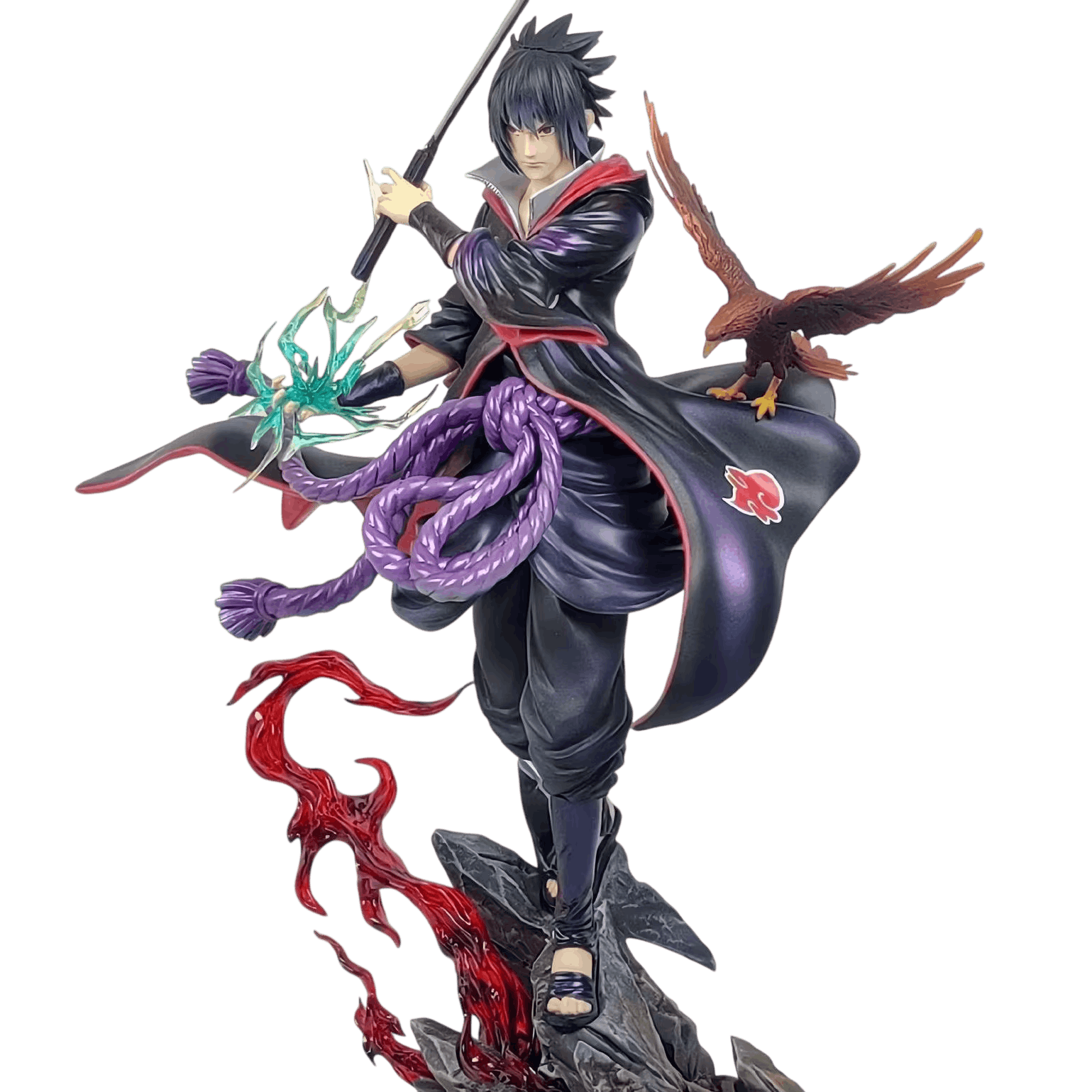 Figurine Naruto Sasuke Uchiha en cape Akatsuki 24 cm vue de face avec faucon et Chidori