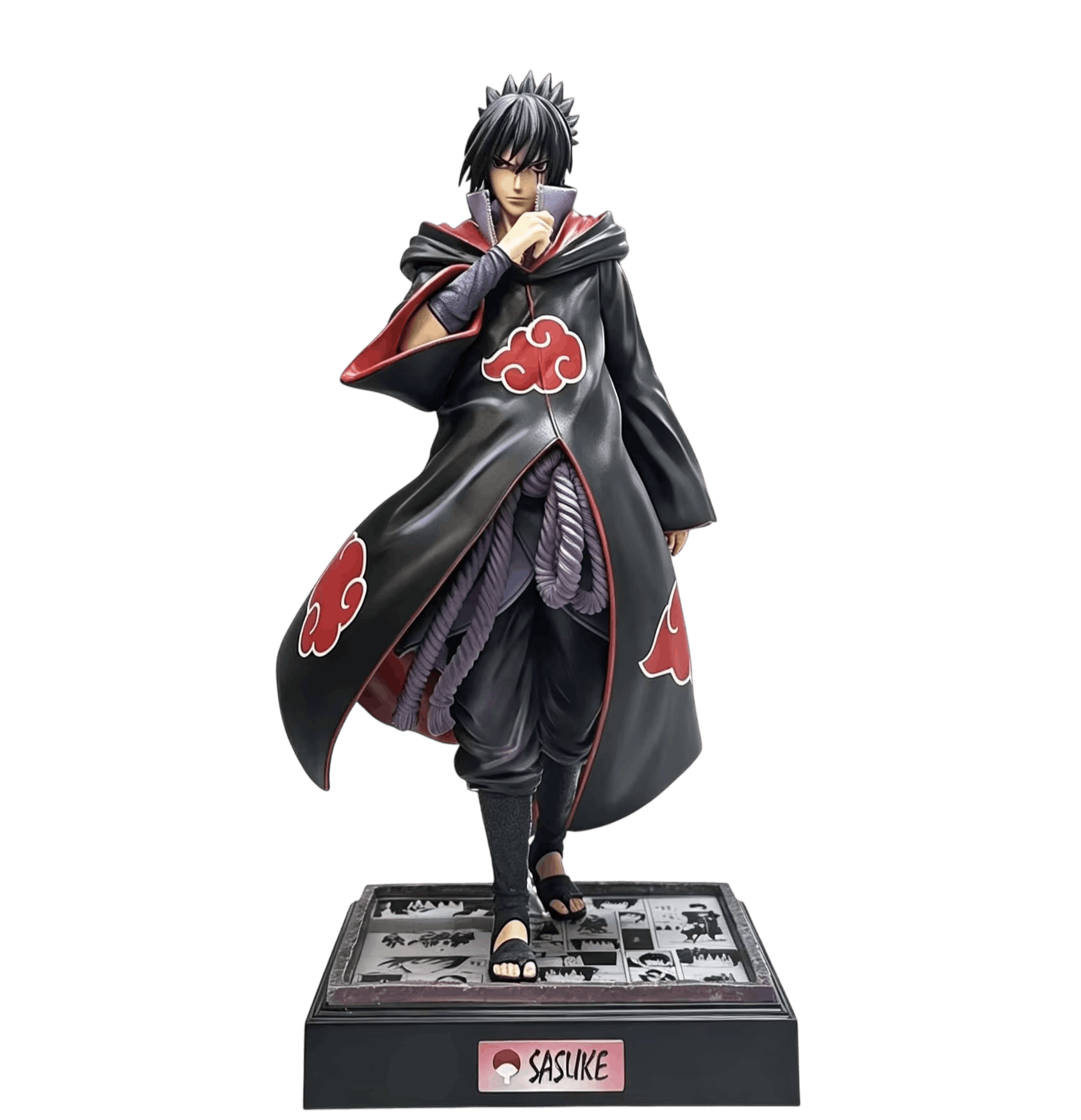 Figurine Sasuke Uchiha cape Akatsuki socle LED vue de face - Naruto