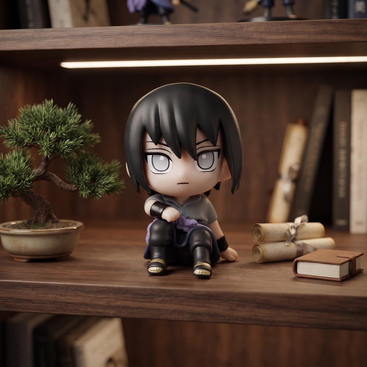 Figurine chibi Sasuke Uchiha assis, exposée sur une étagère (décor non inclus)