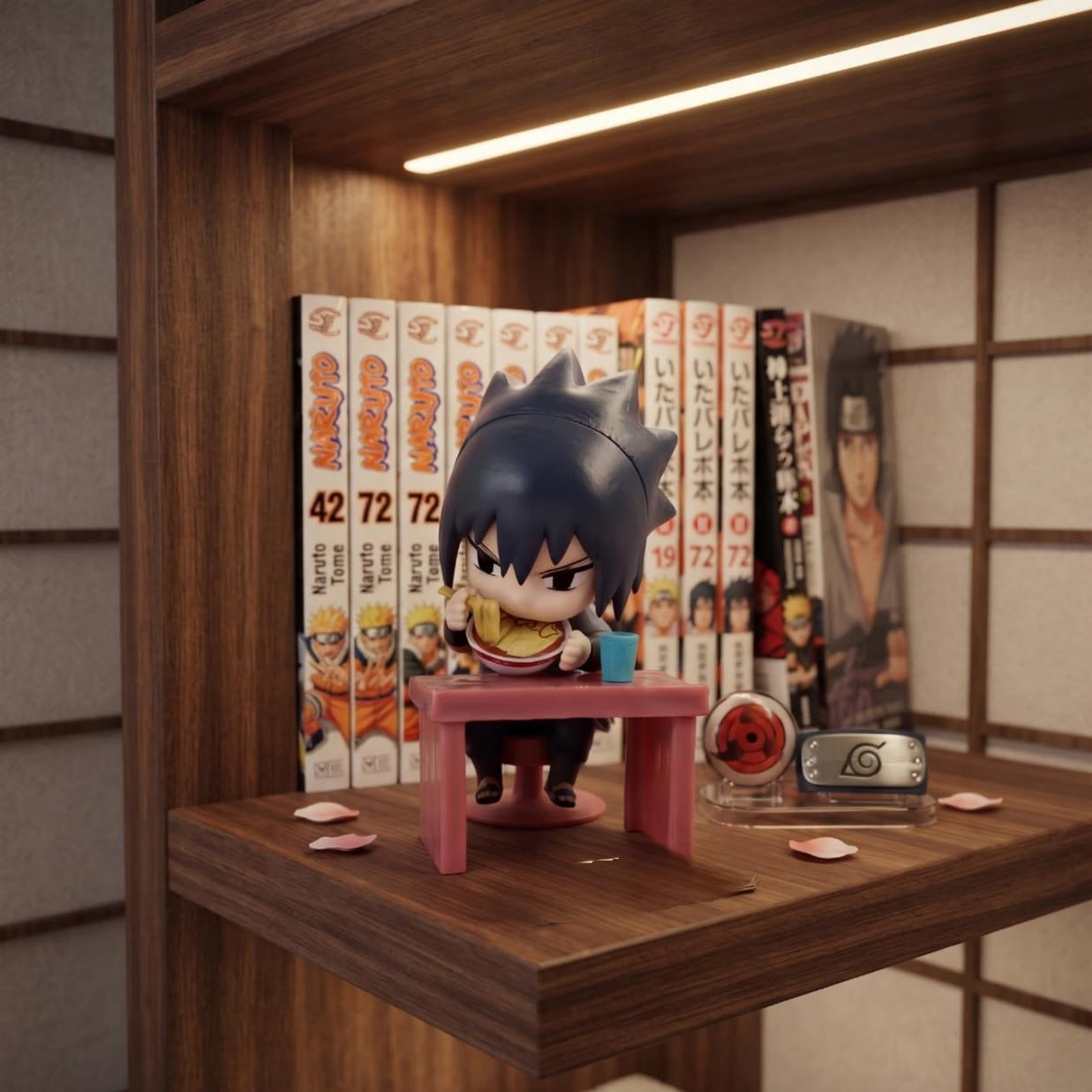 Figurine chibi Sasuke Uchiha exposée sur une étagère (décor non inclus)