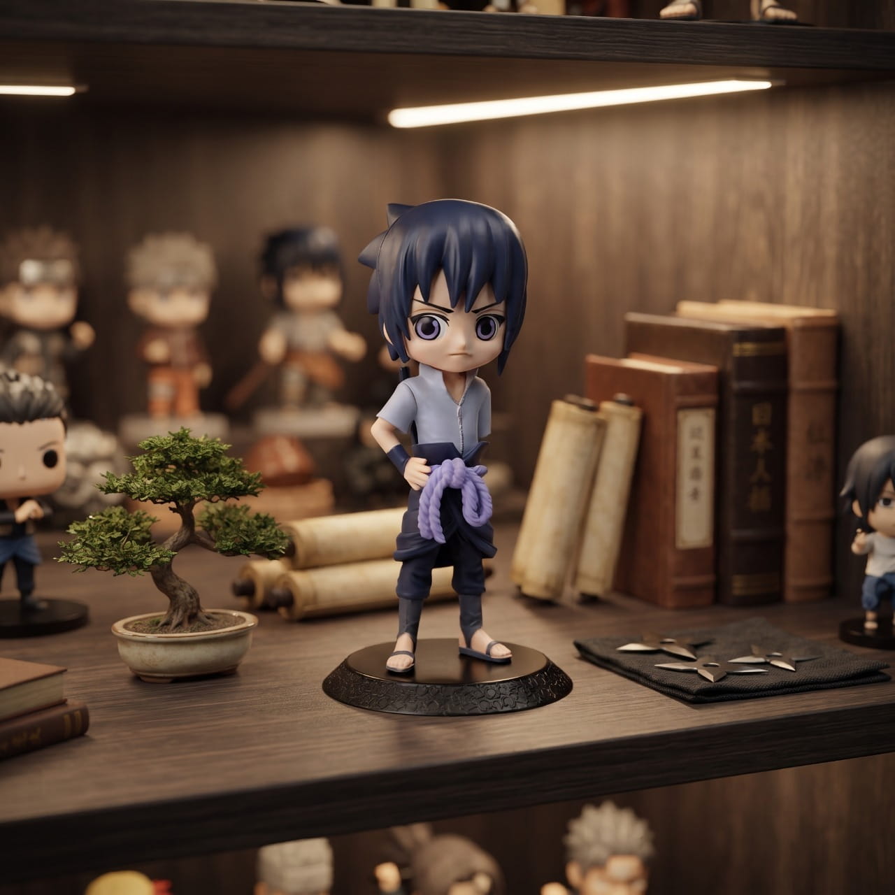 Figurine Sasuke Uchiha en tenue de Shippuden, exposée sur une étagère (décor non inclus)