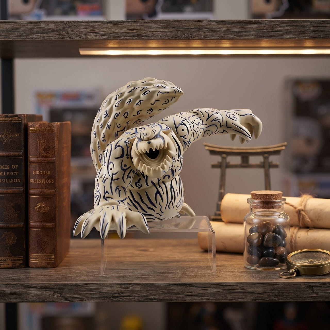Figurine Shukaku aux motifs de sceaux, exposée sur une étagère en bois — Naruto