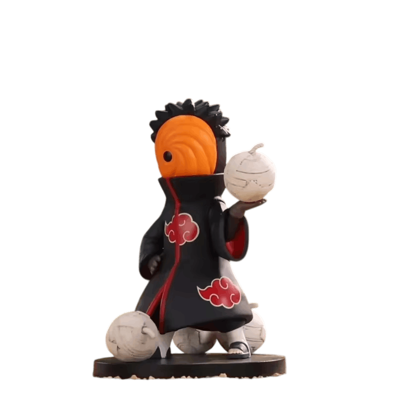 Figurine chibi Tobi vue de face : masque orange à spirale, manteau noir à nuages rouges, sphère crème dans la main levée — Naruto, PVC peint