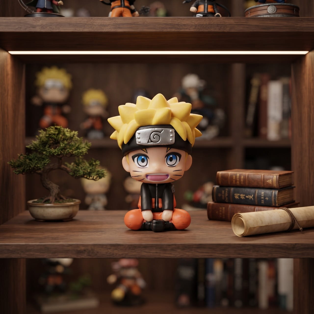 Figurine chibi Naruto Uzumaki assis, exposée sur une étagère (décor non inclus)