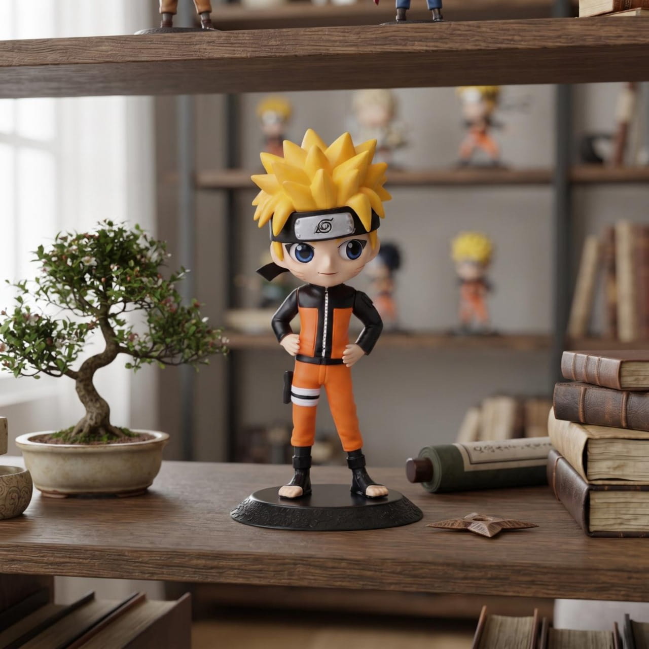 Figurine Naruto Uzumaki en tenue orange, exposée sur une étagère (décor non inclus)