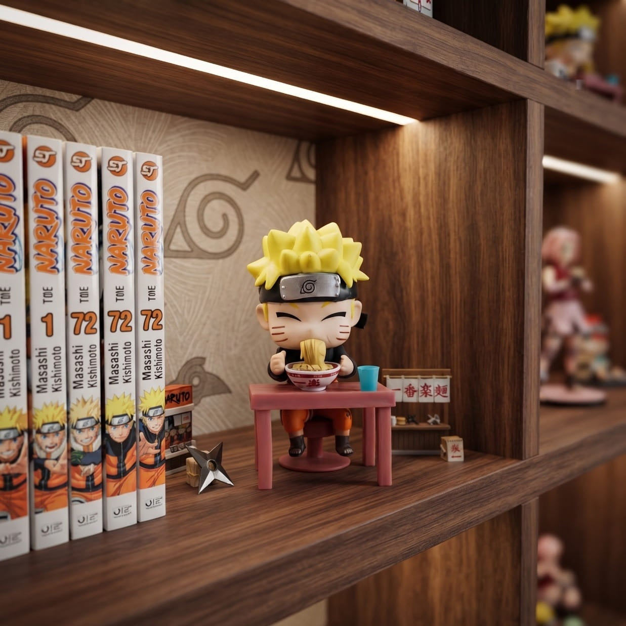 Figurine chibi Naruto Uzumaki exposée sur une étagère (décor non inclus)