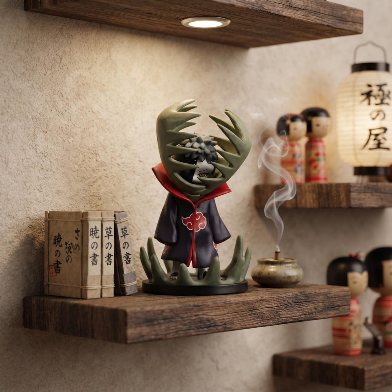 Figurine chibi Zetsu — tête enserrée dans une plante verte, corps mi-blanc mi-noir — Naruto, étagère (décor non inclus)