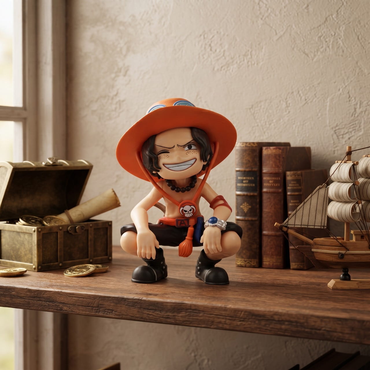 Figurine chibi Portgas D. Ace exposée sur une étagère (décor non inclus)