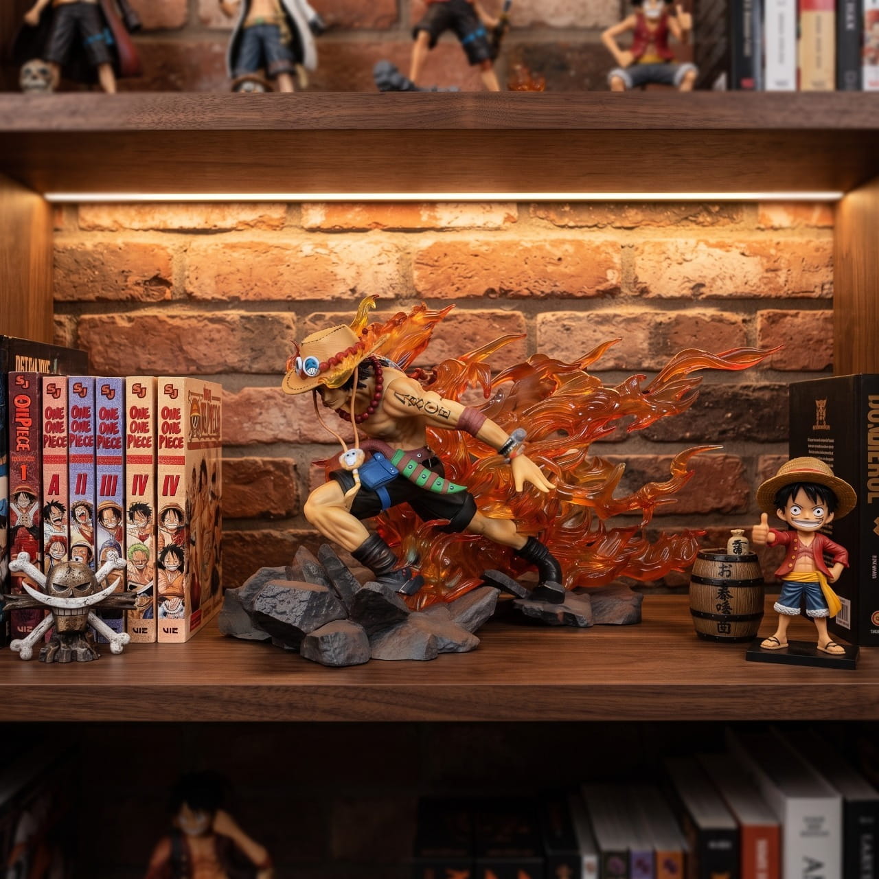 Figurine Ace vague de feu One Piece - exposee sur une etagere (decor non inclus)