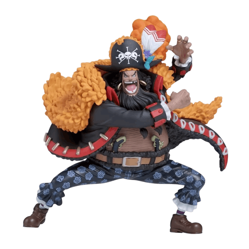 Figurine Barbe Noire One Piece de face : manteau à fourrure orange, chapeau à pavillon et plumes, garde basse jambes écartées