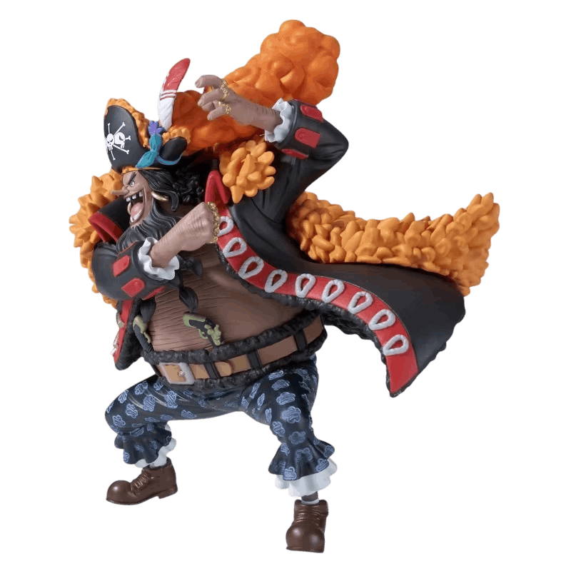 Figurine Marshall D. Teach One Piece de trois quarts : manteau bordé de rouge à motifs blancs, pistolets à la ceinture, rire édenté