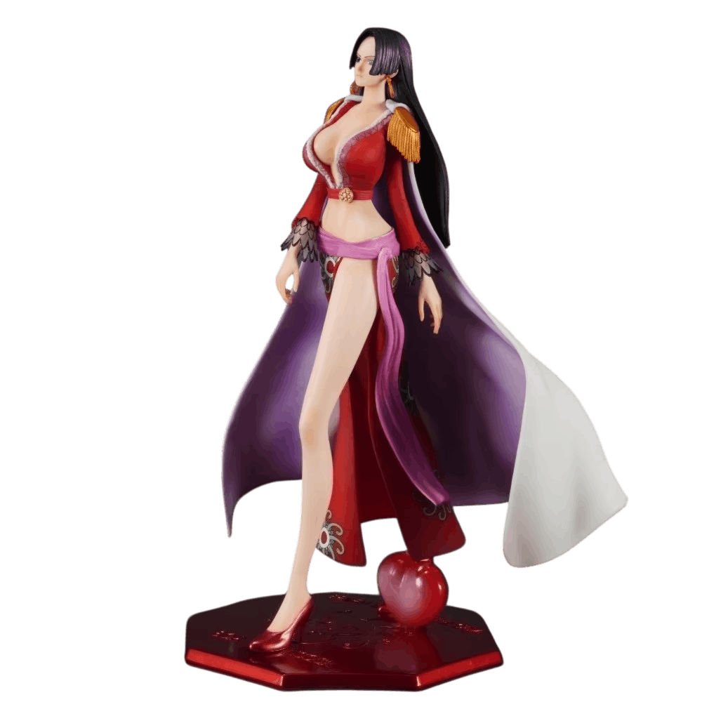 Figurine Boa Hancock 26,5 cm tenue rouge vue de profil, cœur translucide au socle rouge