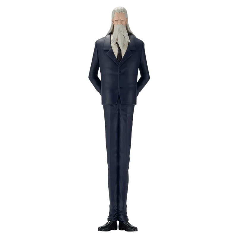 Figurine One Piece Saint Marcus Mars 21 cm, debout en costume bleu nuit, mains dans le dos, longs cheveux et barbe blancs