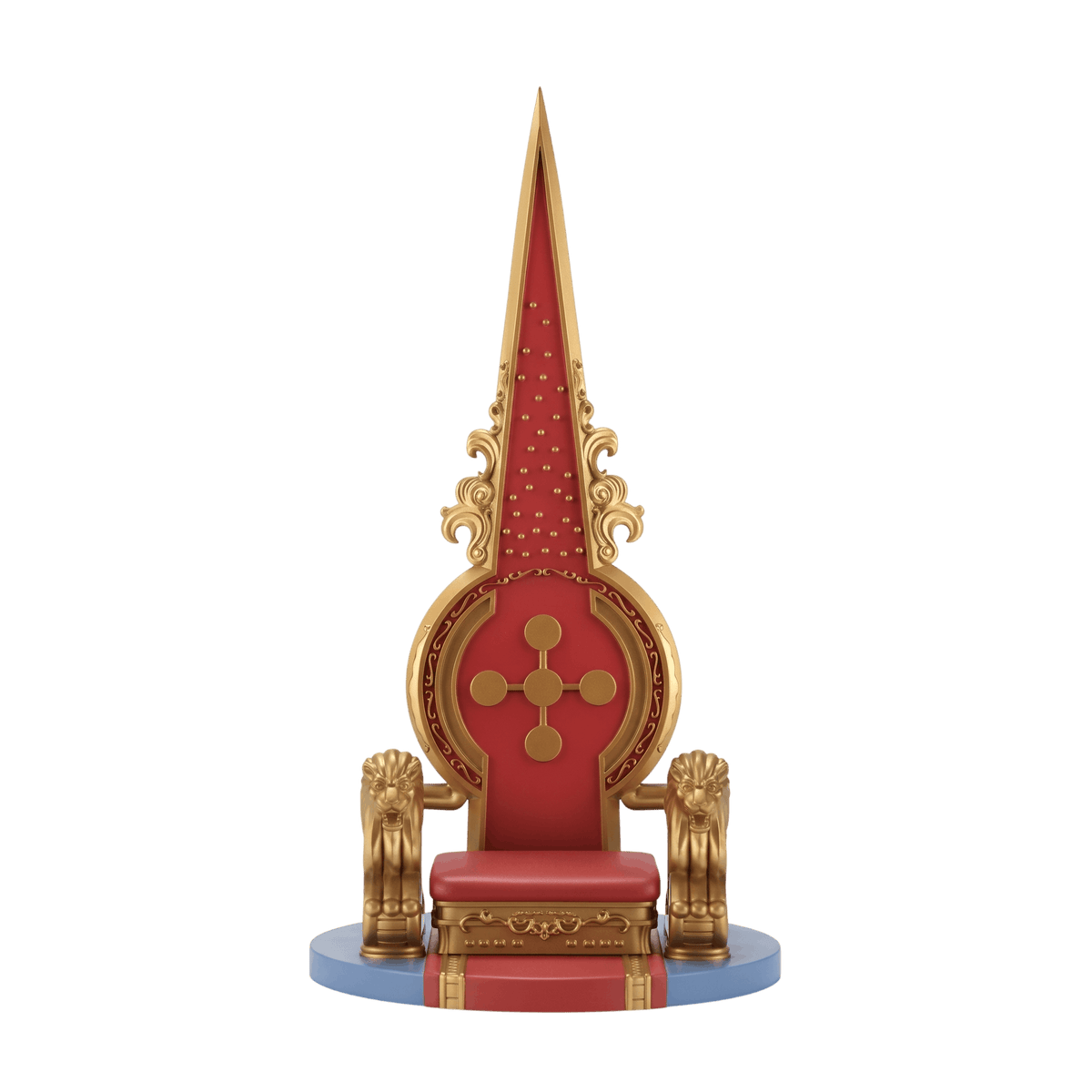 Figurine One Piece Trône Vide 28 cm : dossier rouge à points dorés surmonté d'une flèche, accoudoirs à têtes de lion, socle rond bleu clair