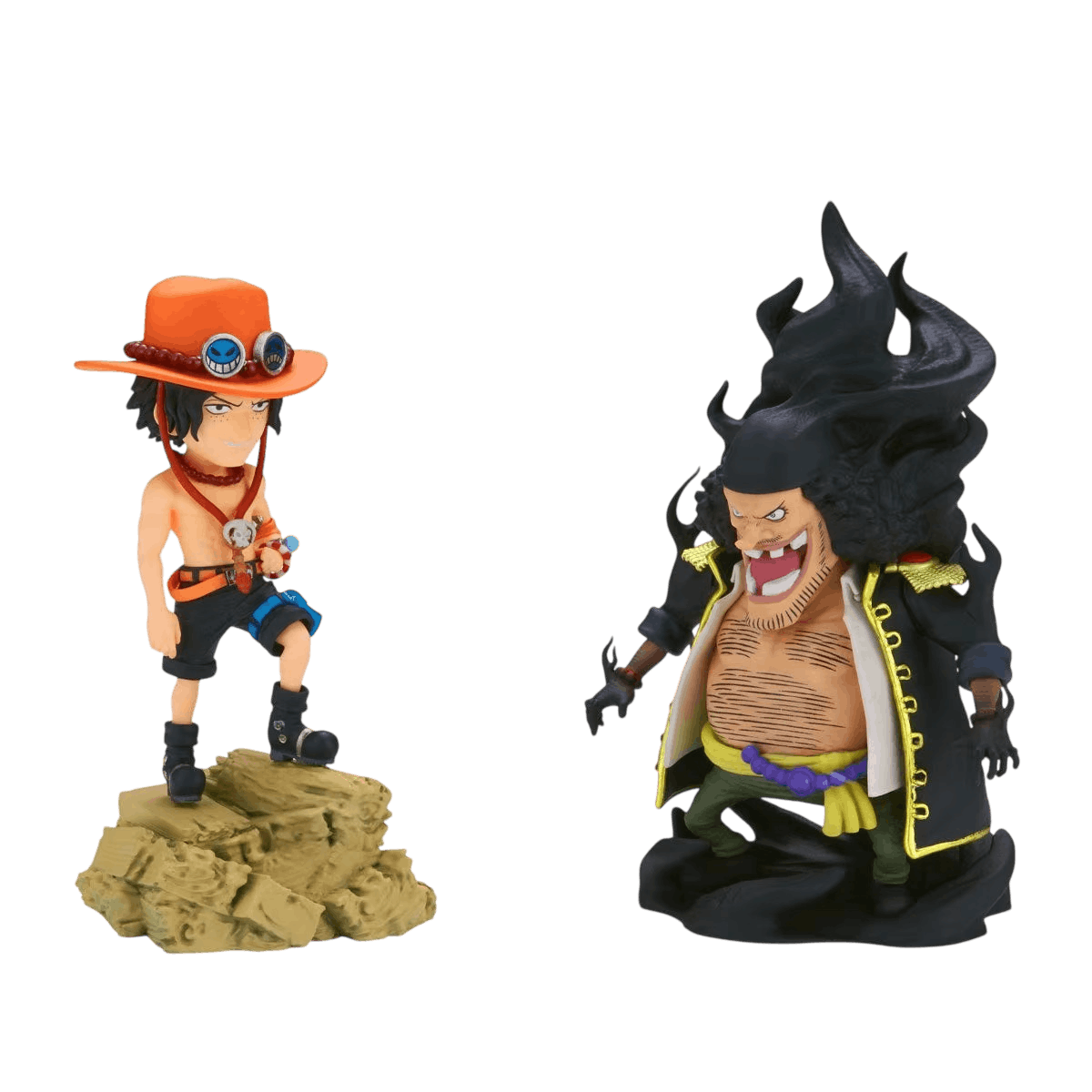 Diorama One Piece Ace vs Barbe Noire, les deux figurines sur leurs socles - face