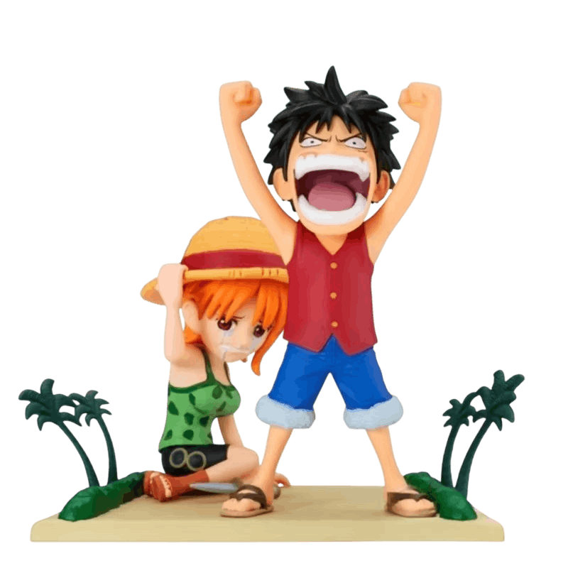 Diorama One Piece Luffy et Nami sur leur socle de sable et palmiers - face