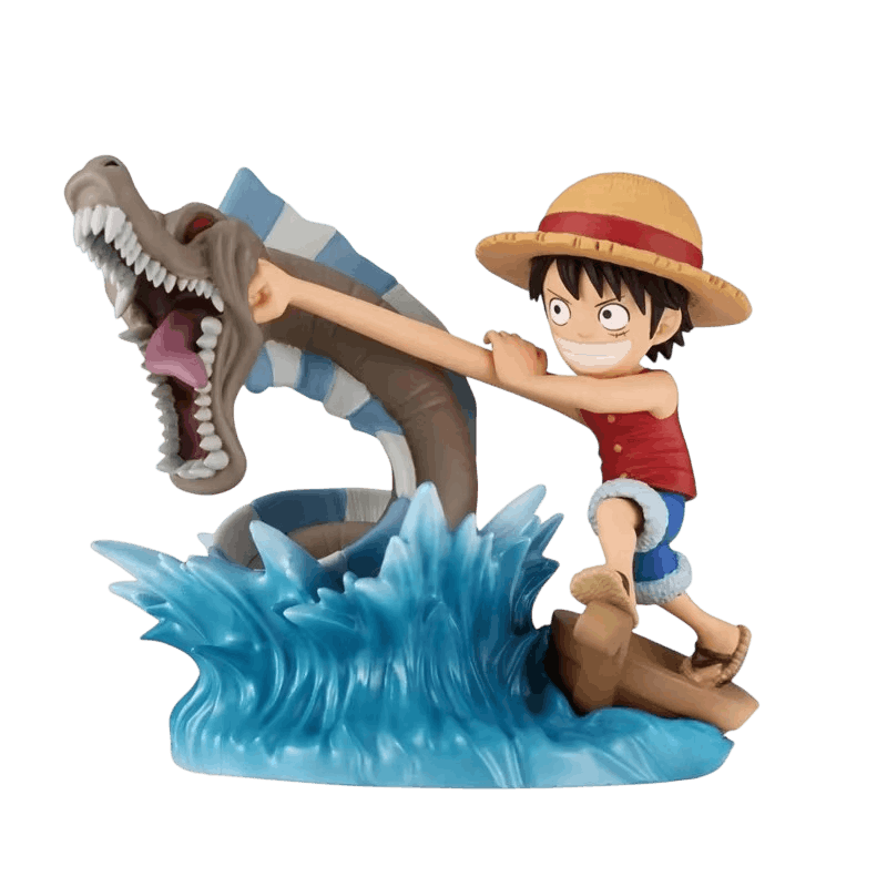 Diorama One Piece Luffy et le serpent de mer sur le socle de vague - face