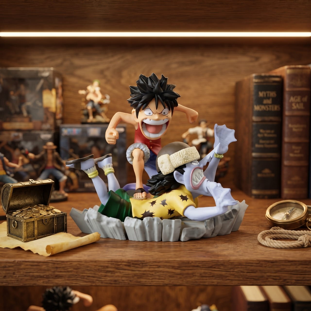 Diorama One Piece Luffy exposé sur une étagère (décor non inclus)
