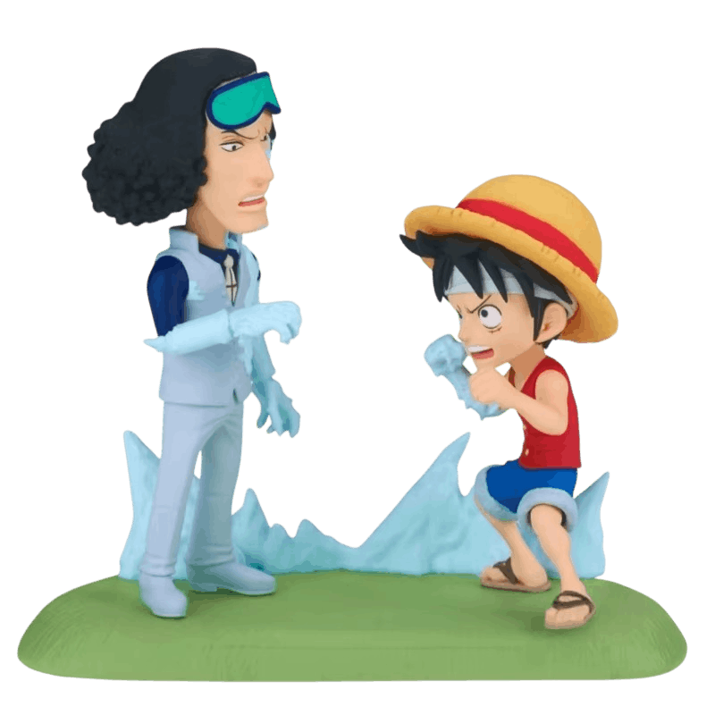 Diorama One Piece Luffy vs Aokiji sur le socle gazonné - face