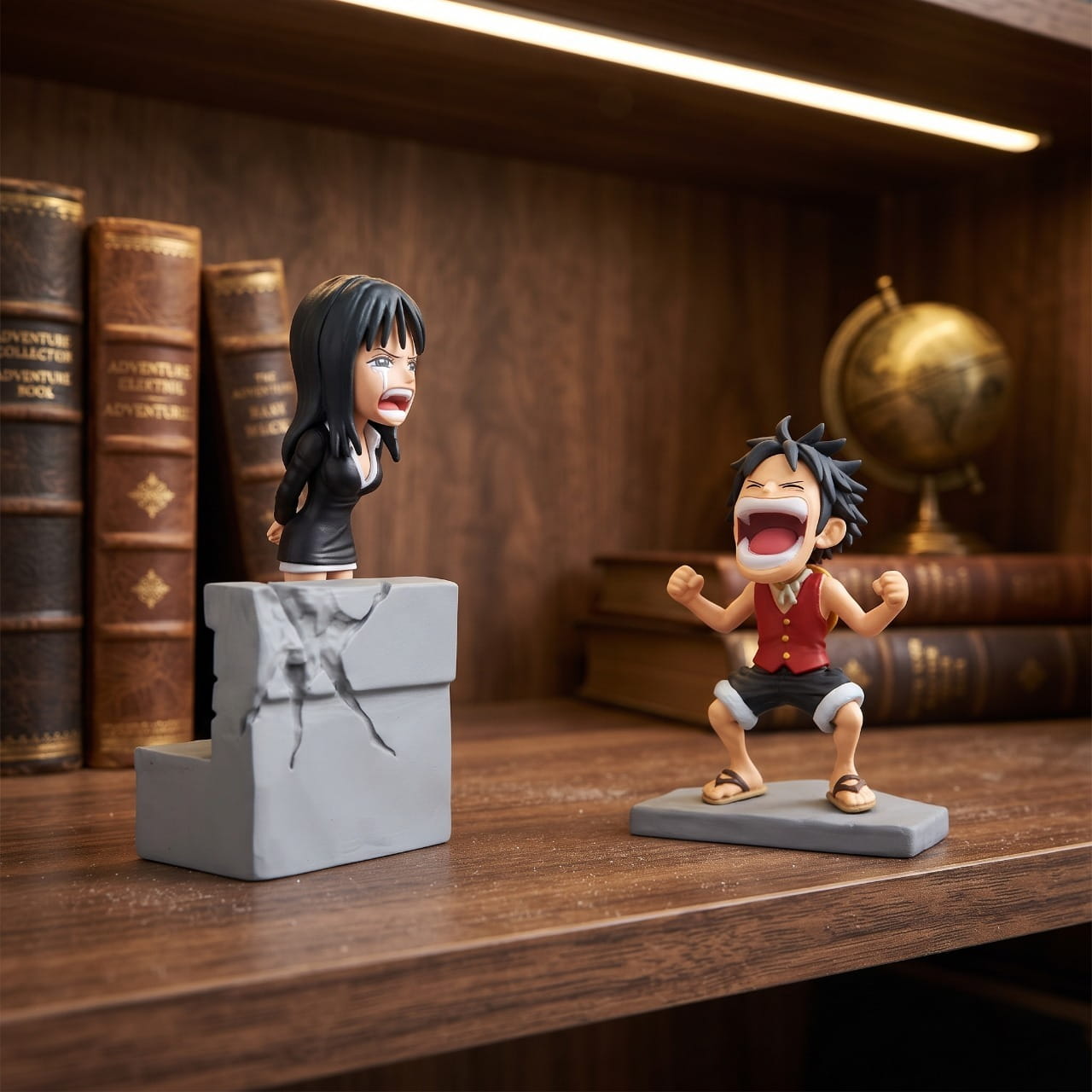 Diorama One Piece Nico Robin en larmes et Luffy qui hurle, exposé sur une étagère (décor non inclus)