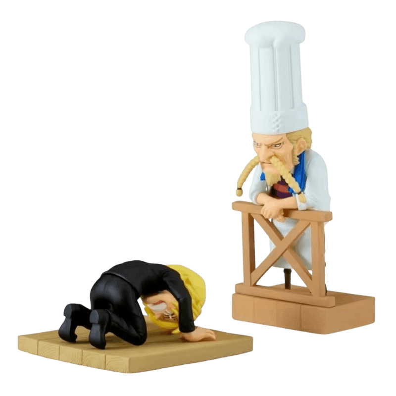 Diorama One Piece Sanji en dogeza et Zeff accoudé, les deux figurines - face