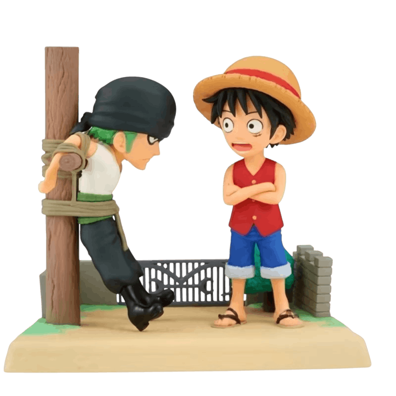 Diorama One Piece Zoro attaché au poteau et Luffy bras croisés - face