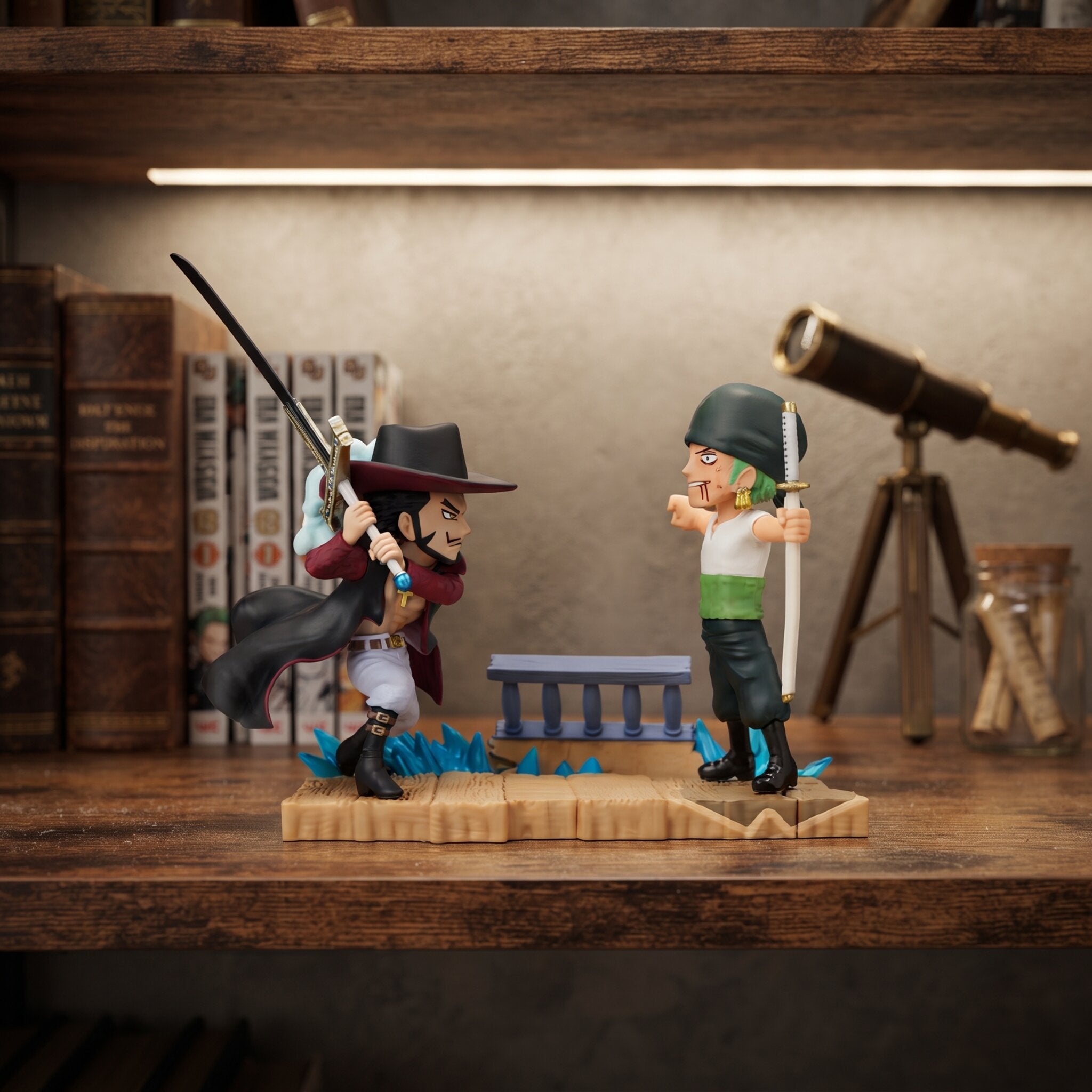 Diorama One Piece Zoro face à Dracule Mihawk et son épée Yoru, exposé sur une étagère (décor non inclus)