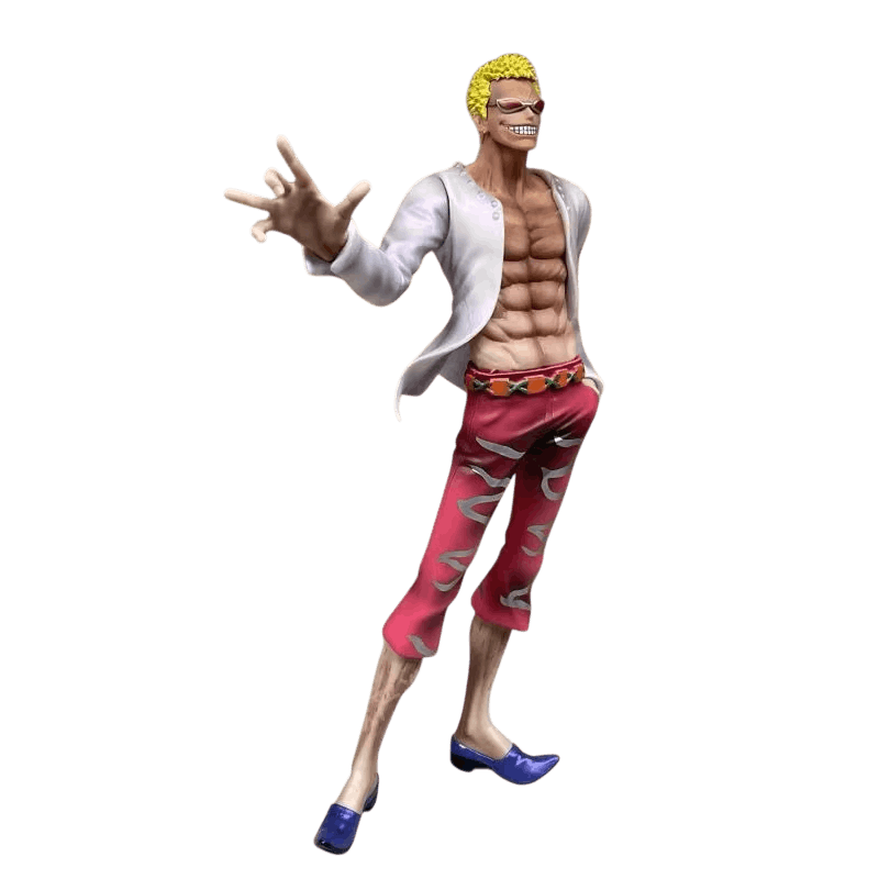 Figurine Doflamingo One Piece de face : chemise blanche ouverte, lunettes rouges, main levée doigts écartés, pantalon rose