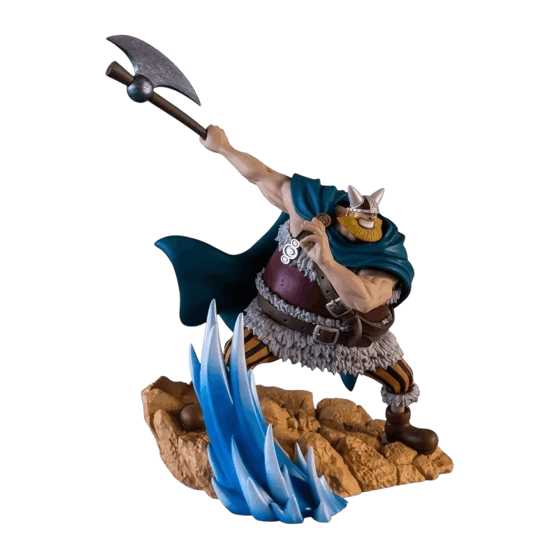 Figurine PVC de Brogy, géant d'Elbaf au casque cornu, hache levée sur socle rocheux aux éclats bleus — One Piece