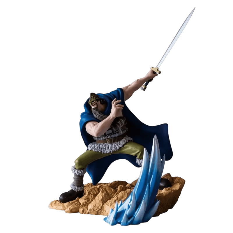 Figurine PVC de Dorry, géant d'Elbaf cape au vent, katana brandi sur socle rocheux aux éclats bleus — One Piece