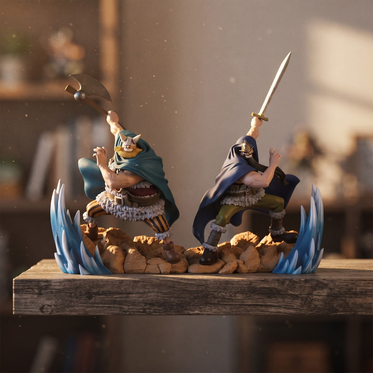 Figurines de Dorry et Brogy, les géants d'Elbaf, exposées dans un décor d'étagère — One Piece
