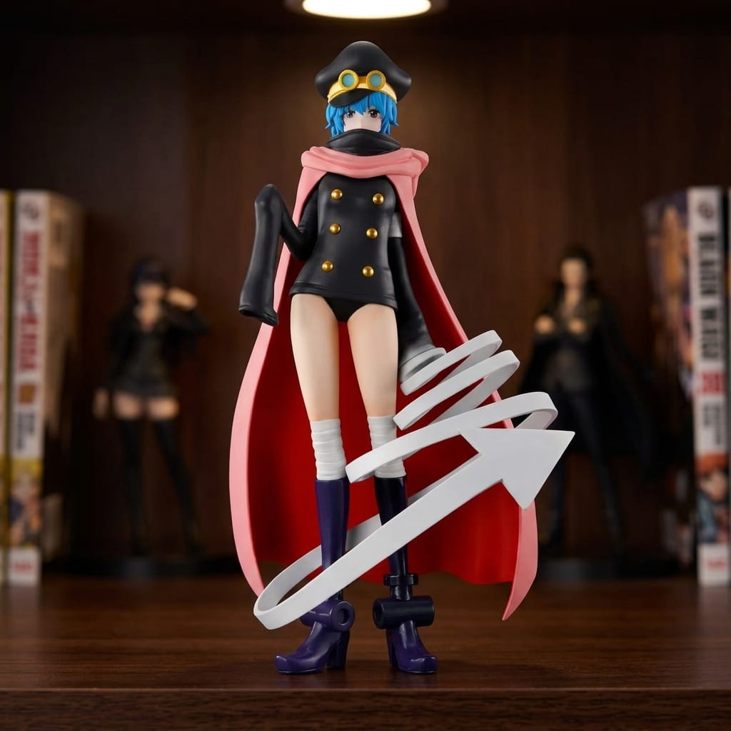 One Piece Gunko figure 19 cm, holy knight with blue hair, black cap with gold goggles, pink cloak and giant white arrows, on a shelf (decor not included)